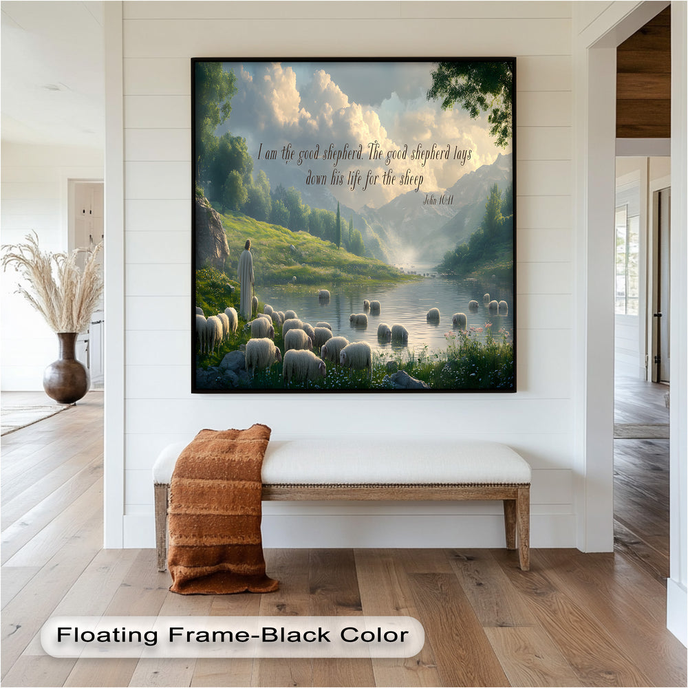 Biblical-inspired artwork depicting Jesus as the good shepherd in a lush valley.
