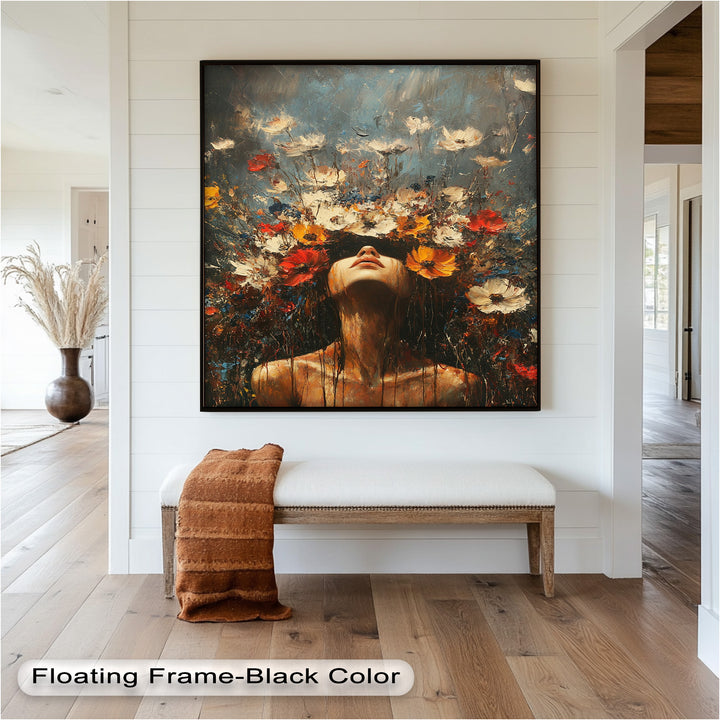 Floral Rebirth – Woman with Blossoming Crown Abstract Oil Painting