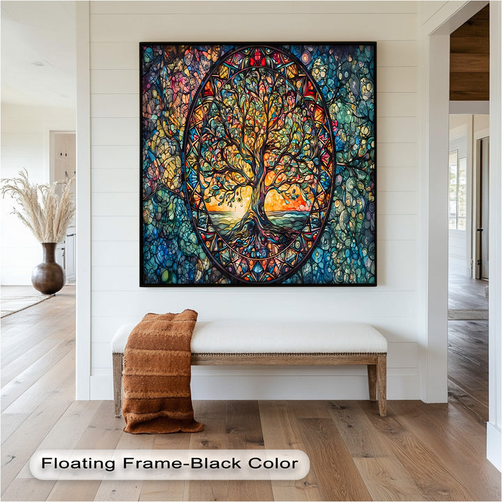 Lebensbaum Mandala Wandkunst – Farbenfrohes gerahmtes Ölgemälde