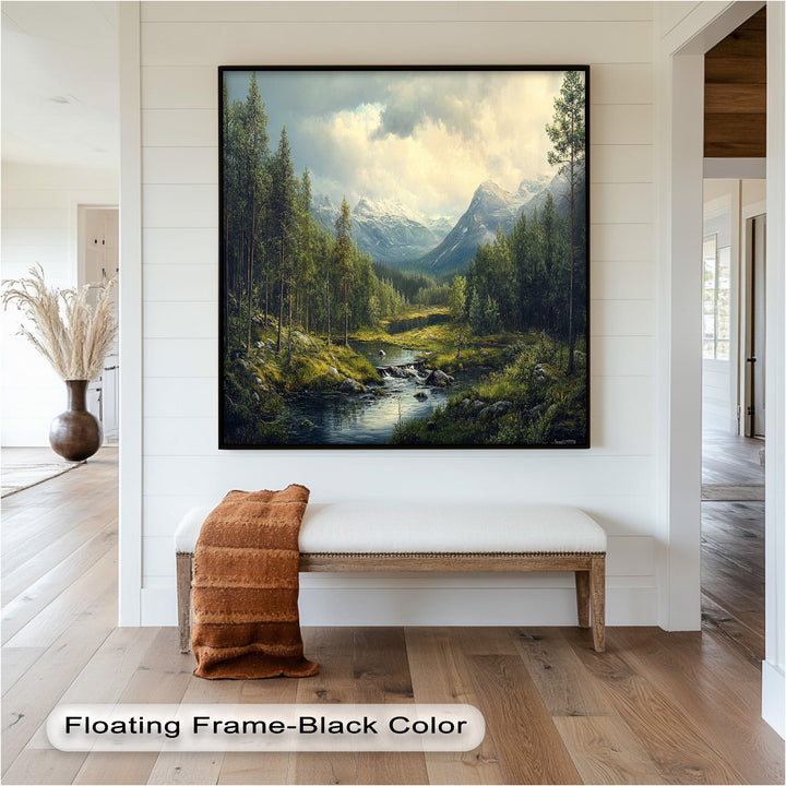 A picturesque mountain view featuring a lively stream, rich green woodland, and dramatic peaks in the background.