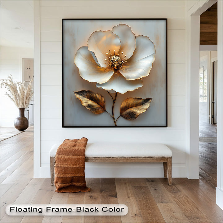 Golden Glow Bloom – White and Gold Flower Oil Painting
