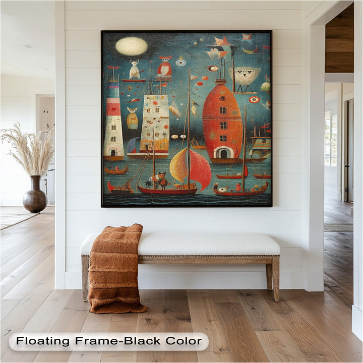 Moonlit Harbor Parade – Surreal Cat and Owl Fantasy Oil Painting