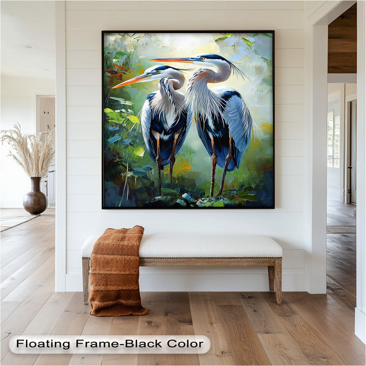 Pair of Herons in Forest Light – Animal Oil Painting
