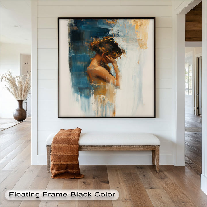 Veil of Thought – Introspective Woman in Blue and Gold Abstract Oil Painting