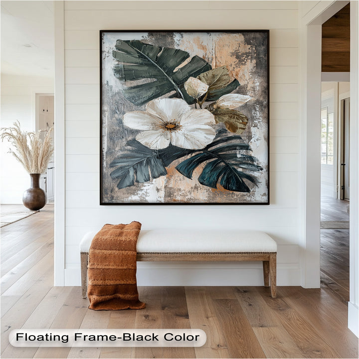 White Bloom and Tropical Leaves - Flower Oil Painting