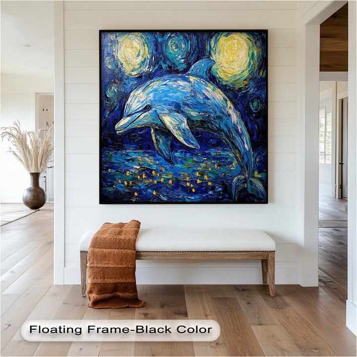 Starry Night Dolphin in Ocean Dreamscape – Animal Oil Painting