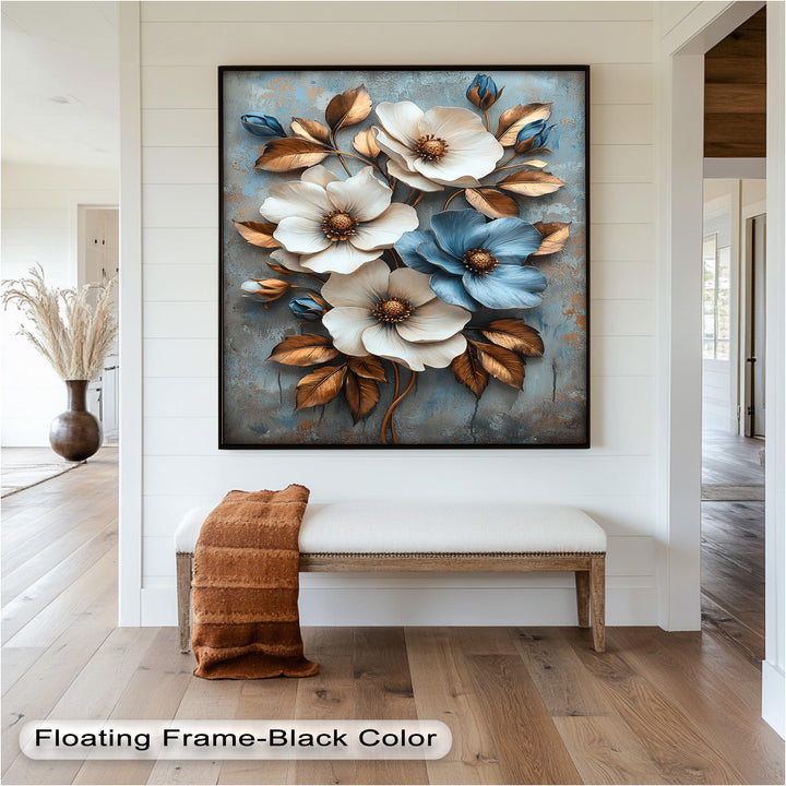 Gilded Petals – Luxuriöses Ölgemälde mit weißen und blauen Blumen