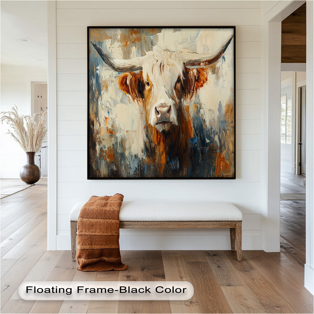 Highland Cow with White Horns – Animal Oil Painting