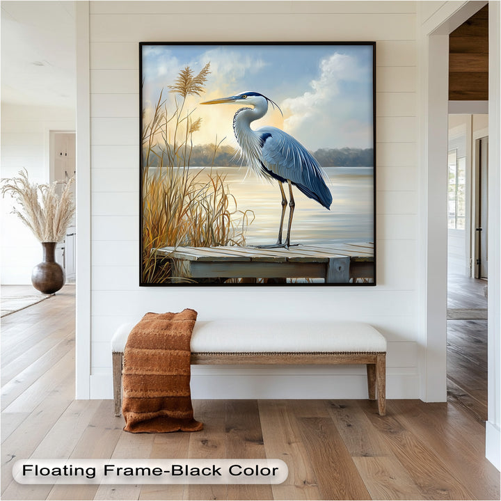 Majestic Heron in Misty Marshland - Animal Oil Painting