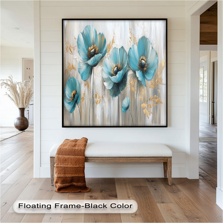 Blue Poppies with Metallic Accents - Flower Oil Painting