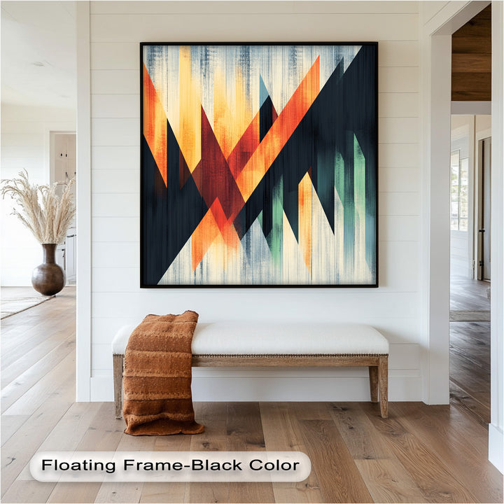 Dynamic abstract composition with angular shapes and gradient color flow.

