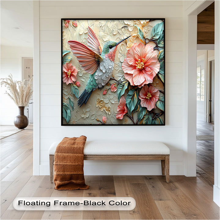 Spring Hummingbird with Pink Flowers – Framed Oil Painting