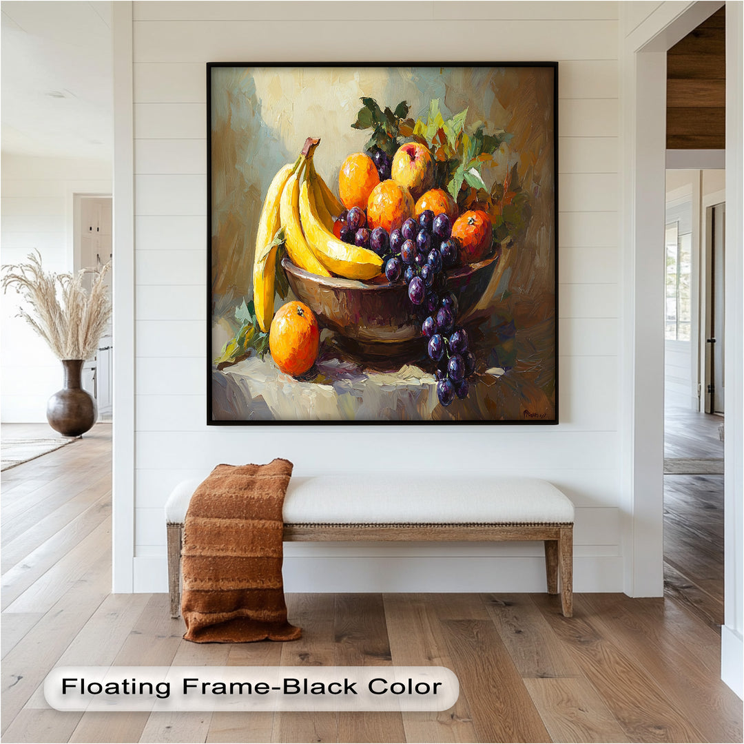 The artist’s bold brushstrokes highlight the ripeness of each fruit, creating a lively and inviting composition filled with natural beauty.

