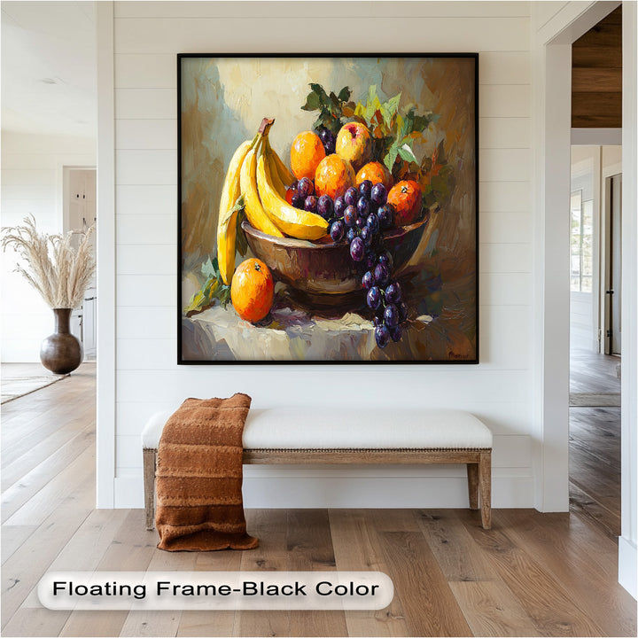 The artist’s bold brushstrokes highlight the ripeness of each fruit, creating a lively and inviting composition filled with natural beauty.

