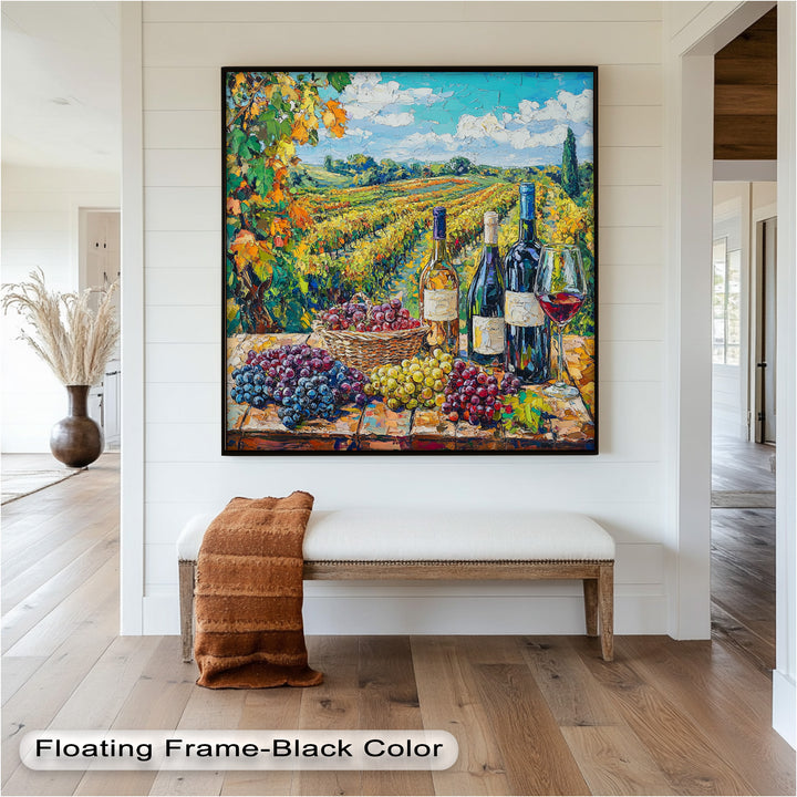 Wine Bottles and Grapes in Sunlit Fields - Still Life Oil Painting