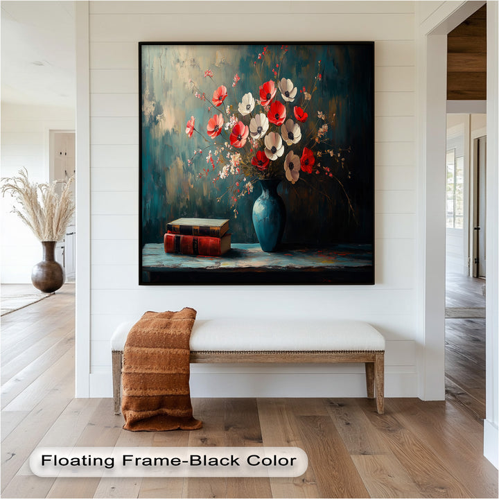 Vibrant Floral Vase with Books – Botanical Oil Paintings