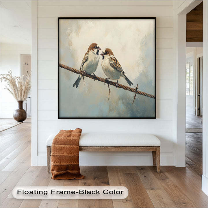 Two Sparrows on a Wire – Bird Oil Painting