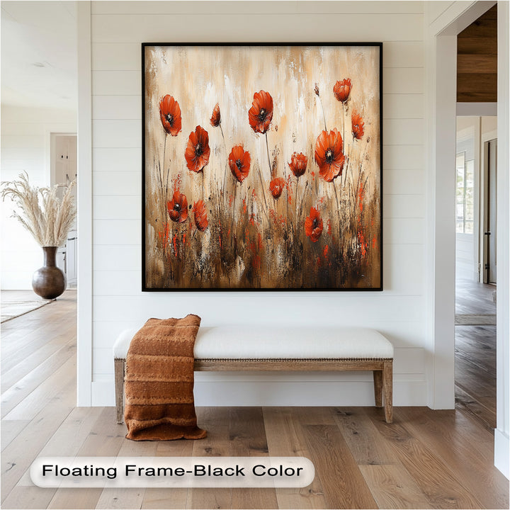 Fiery Meadow – Scarlet Poppies in Earth-Toned Field Flower Oil Painting