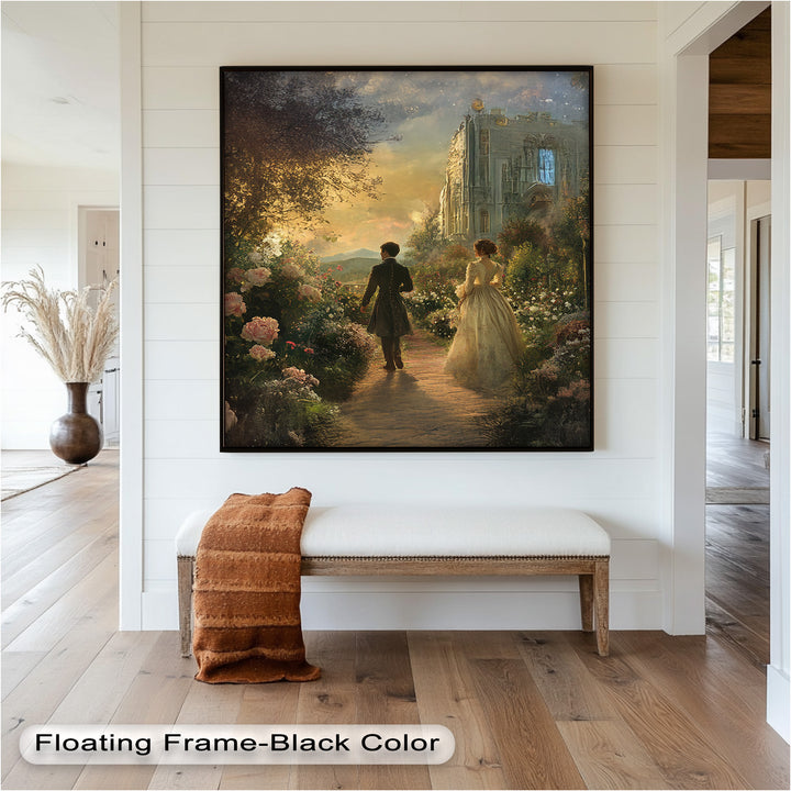 Victorian Lovers at Twilight – Romantic Garden Walk Oil Painting
