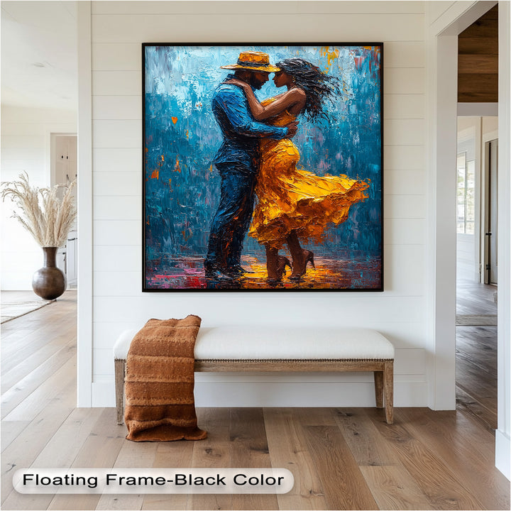 Midnight Embrace – Vibrant Couple in Yellow Dress Oil Painting