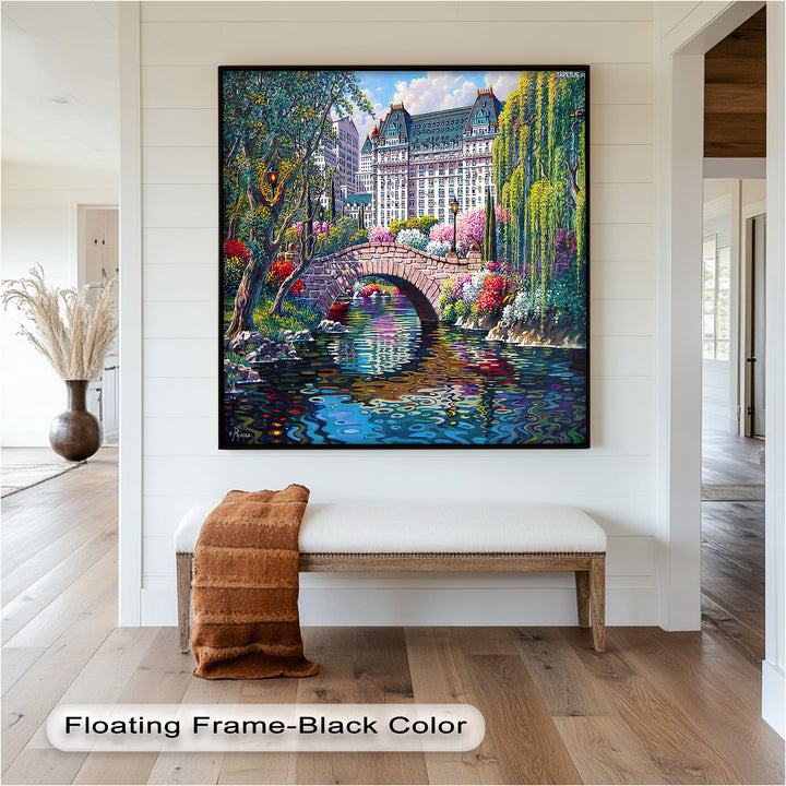A beautifully detailed painting depicting a scenic urban oasis, where nature and architecture harmonize, showcasing a tranquil waterway, elegant buildings, and a colorful garden.