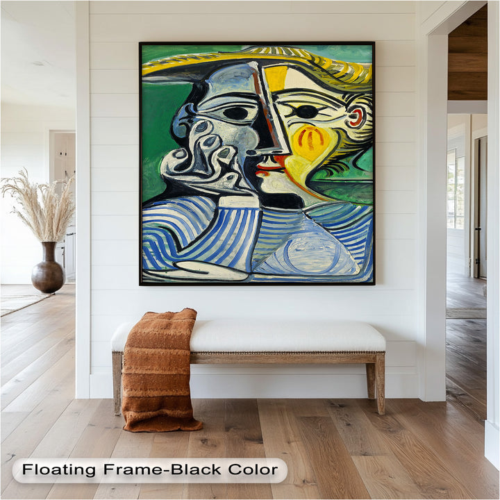 Nachdenklicher Blick – Gestreifte Frau mit Sonnenhut Picasso Ölgemälde