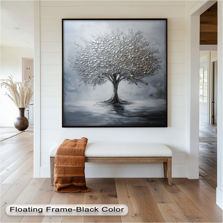 Silver Stillness – Tree in Monochrome Abstract Oil Painting