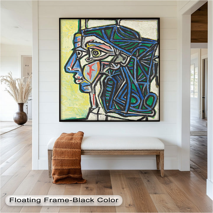 Angular Gaze – Geometric Portrait with Blue and Green Lines Picasso Oil Painting