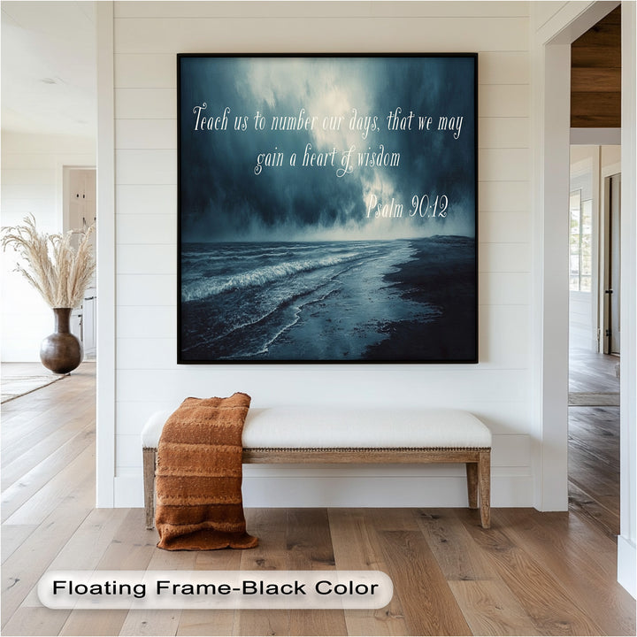 Christian wall art featuring a darkened beach and scripture on gaining wisdom.
