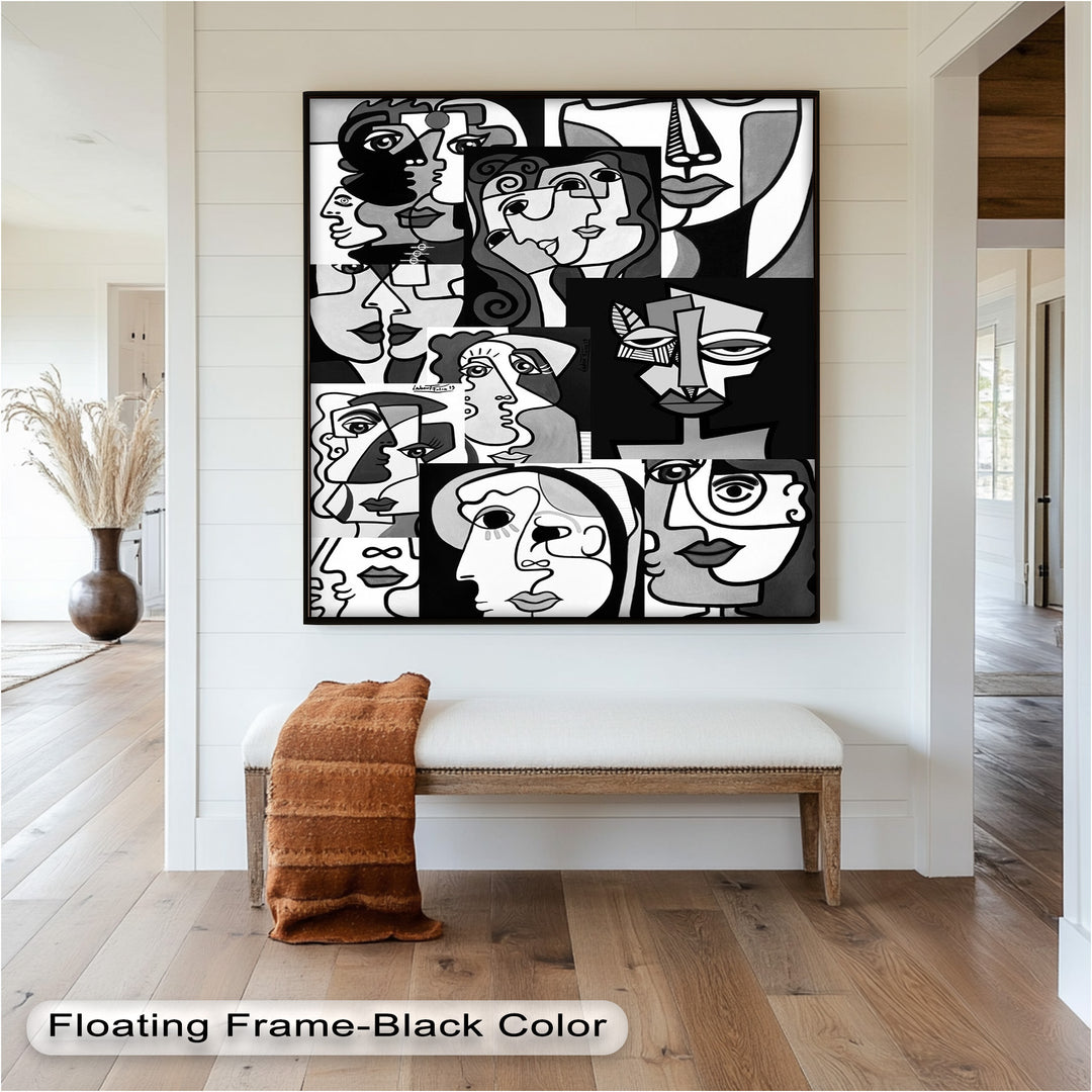 Monochrome Muse – Picasso-inspiriertes Ölgemälde mit kubistischen Gesichtern