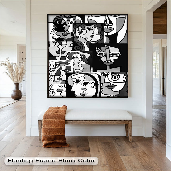 Monochrome Muse – Picasso-inspiriertes Ölgemälde mit kubistischen Gesichtern