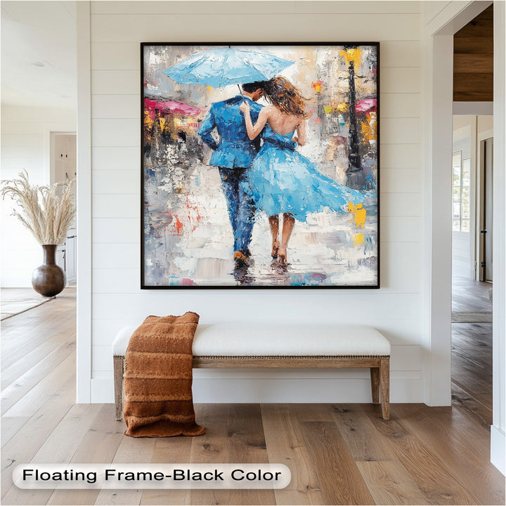 Romantic Couple Strolling in Rain - Love Oil Painting
