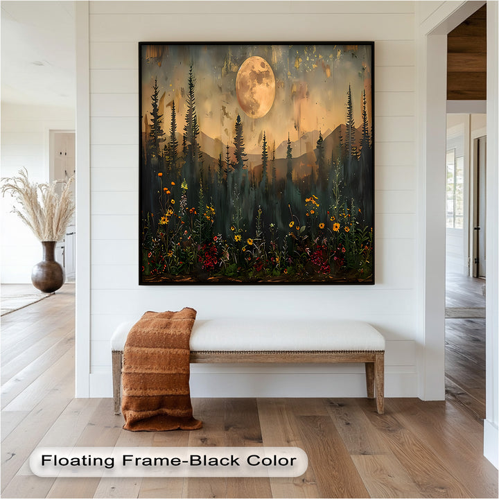 A poetic blend of night and bloom, this painting captures the harmony between earth and sky in a beautifully haunting forest scene.