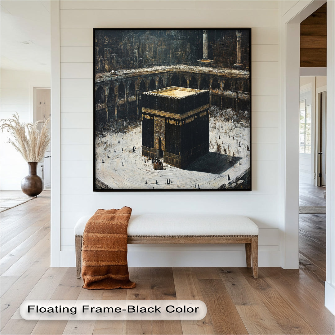 A detailed painting of the Kaaba at the center of the Masjid al-Haram, surrounded by pilgrims in reverence and devotion.