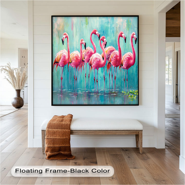 Flamingoschwarm auf dem Wasser – Tierölgemälde