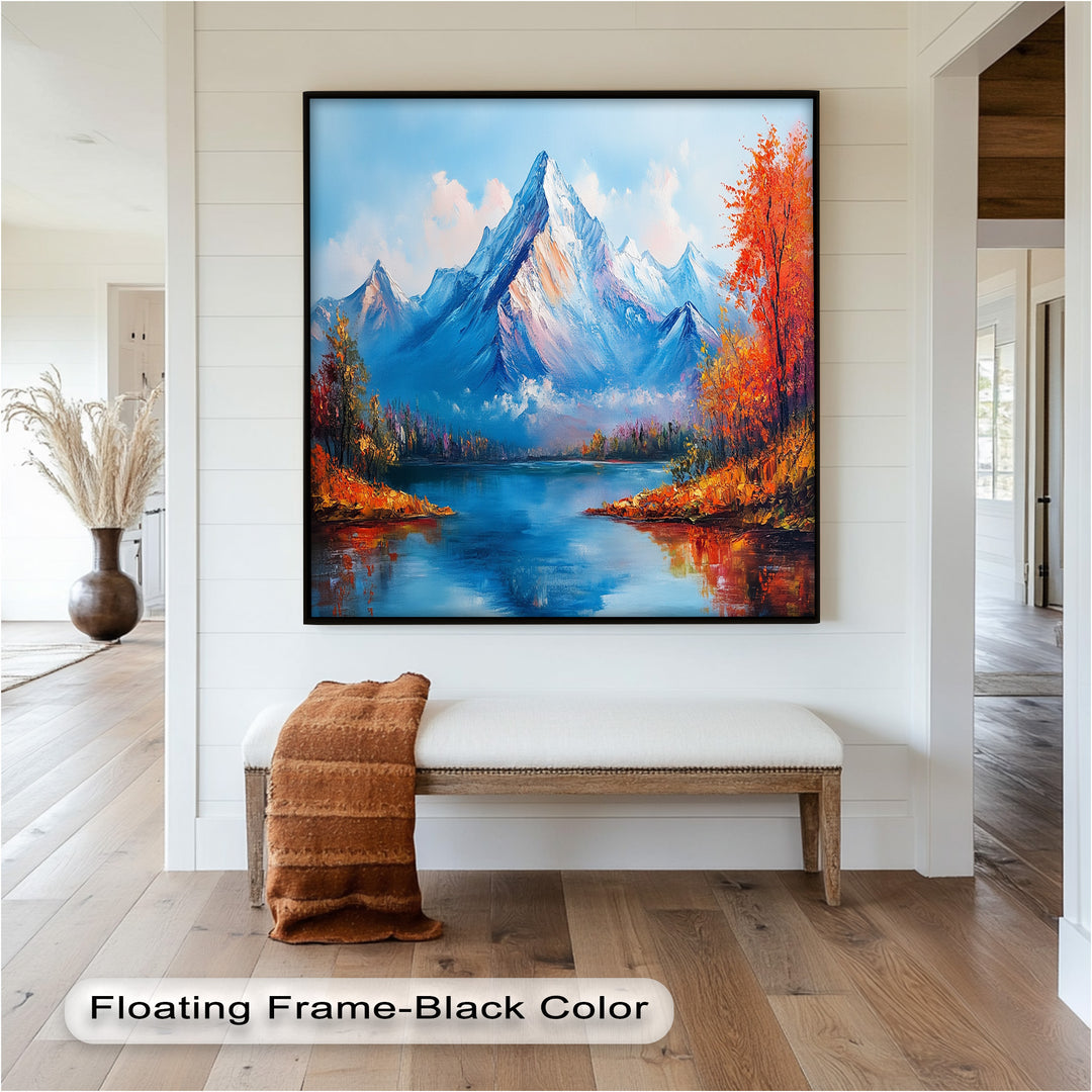 Expressive brushstrokes and a striking color palette create a dynamic yet serene mountain retreat, where the reflection of towering peaks dances across the crystal-clear lake.
