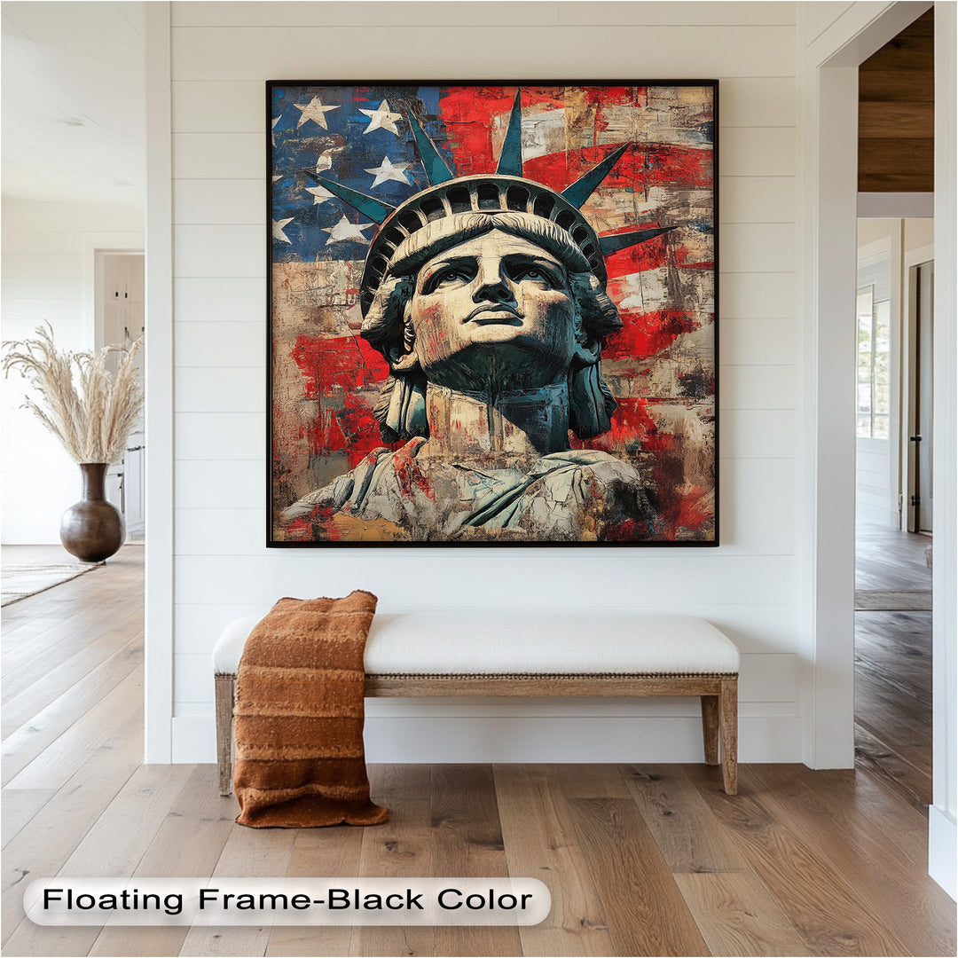 Freiheitsstatue mit amerikanischer Flagge - Patriotisches Ölgemälde