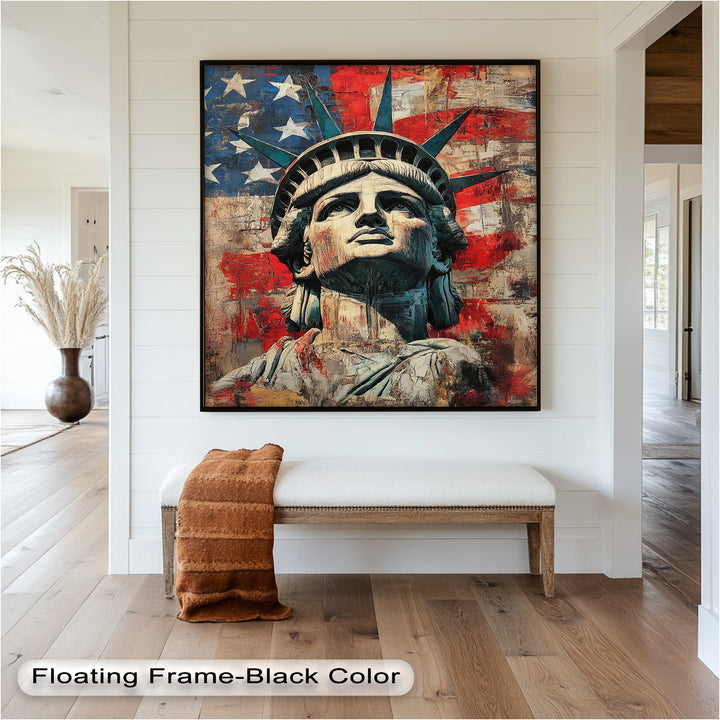 Freiheitsstatue mit amerikanischer Flagge - Patriotisches Ölgemälde