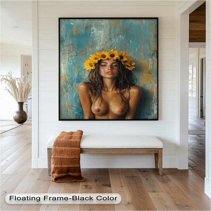 Sun-Kissed Solstice – Woman with Sunflower Crown Abstract Oil Painting
