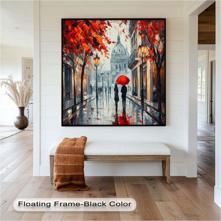 Lovers Walking with Red Umbrella - Love Oil Painting