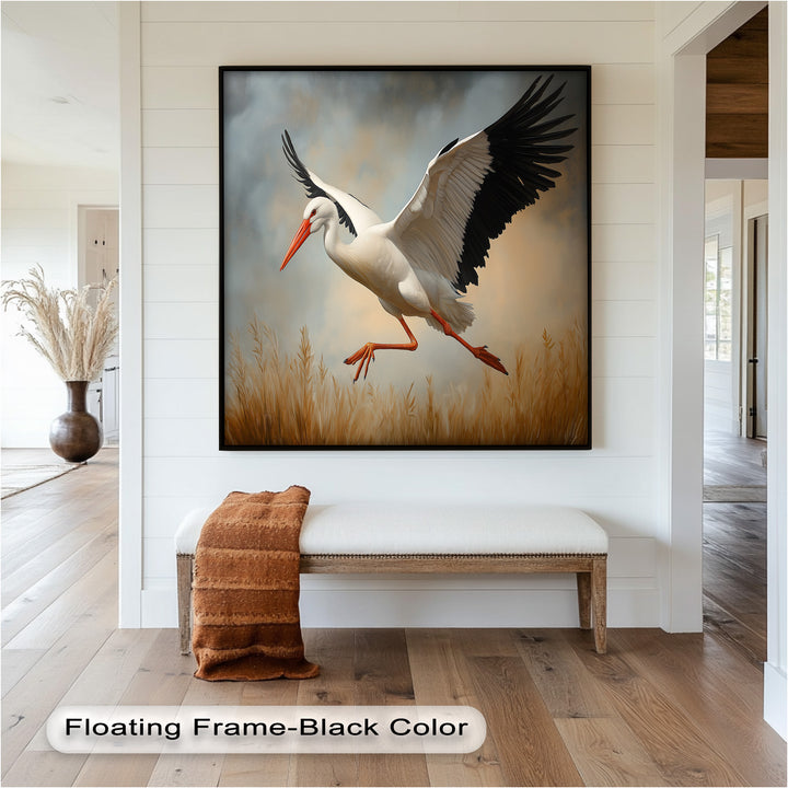 Stork in Flight over Golden Grasses – Animal Oil Painting