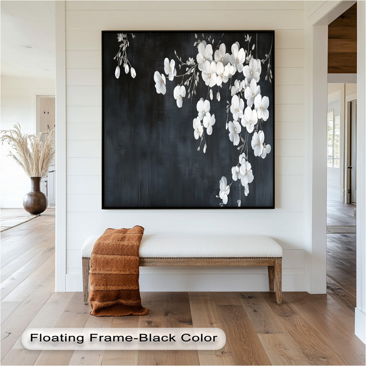 White Cherry Flowers on Midnight Blue - Flower Oil Painting