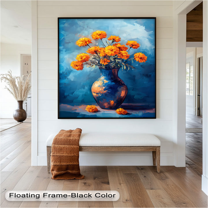 Golden Marigolds in Midnight Blue – Flower Oil Painting