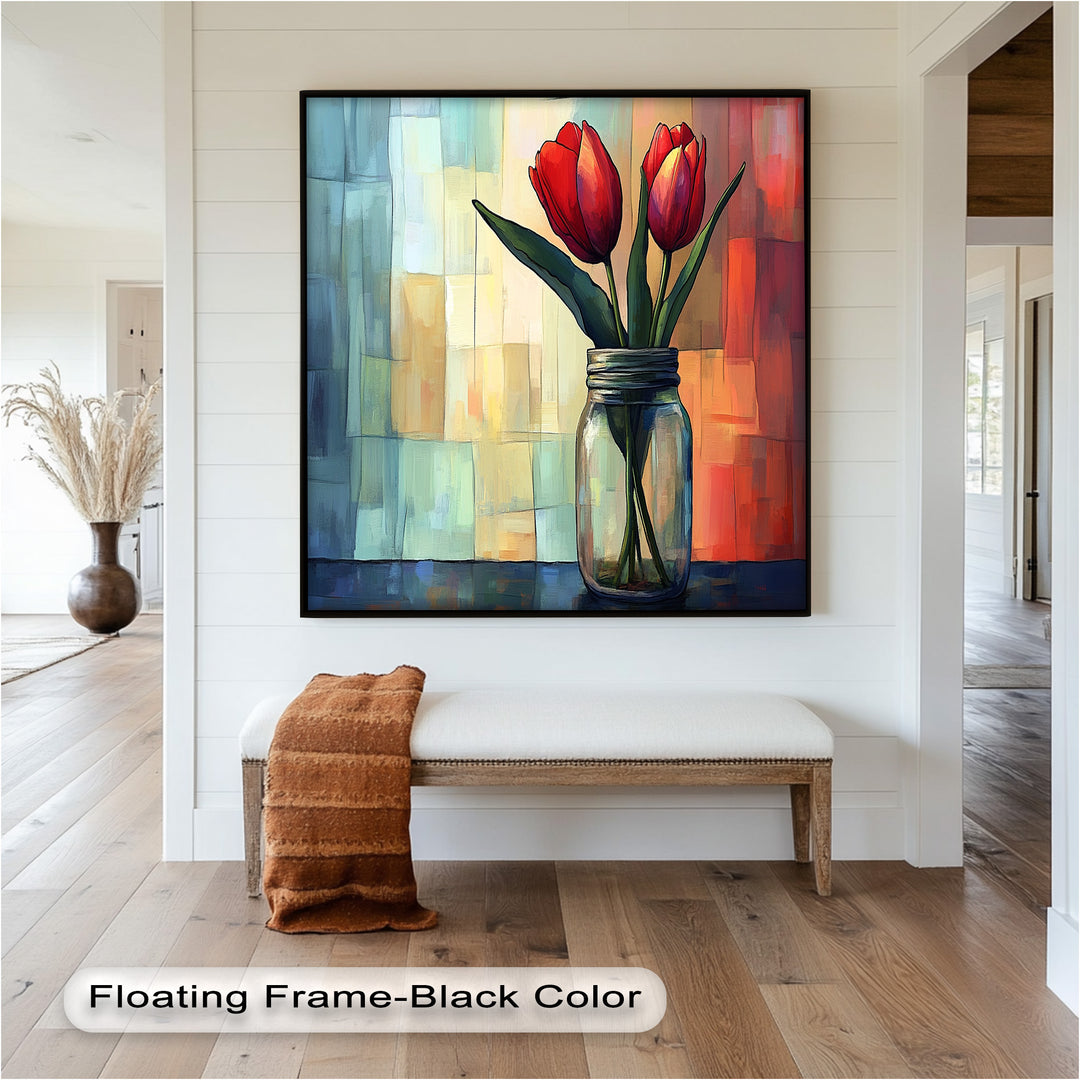Red and Orange Tulips in Glass Vase – Bold Floral Oil Painting