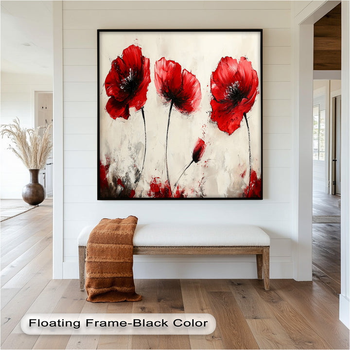 Crimson Elegance – Bold Red Poppies on Cream Flower Oil Painting