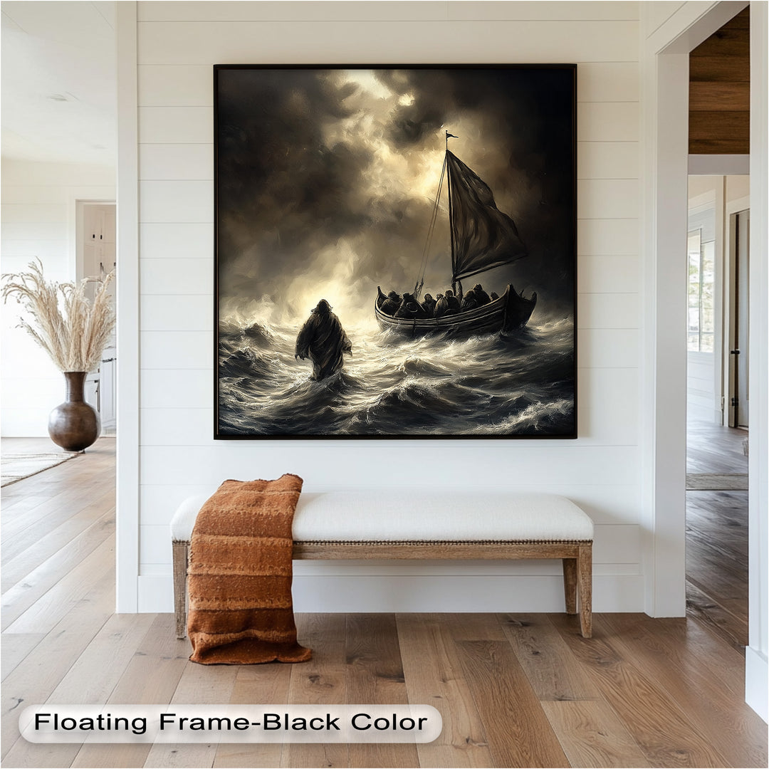 A dramatic depiction of Jesus walking on water towards a boat, with stormy waves and dark clouds surrounding the scene.

