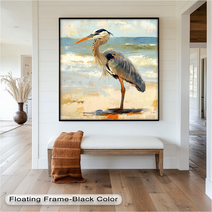 Elegant Heron Standing on Shoreline – Framed Oil Painting