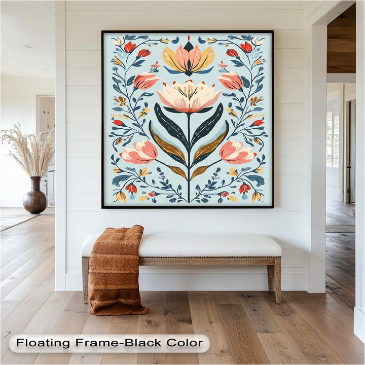 Folk-inspirierte Tulpenharmonie – Boho-Blumenölgemälde