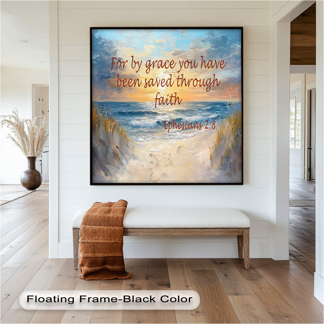 Serene beach sunset painting with Ephesians 2:8 about grace and faith.
