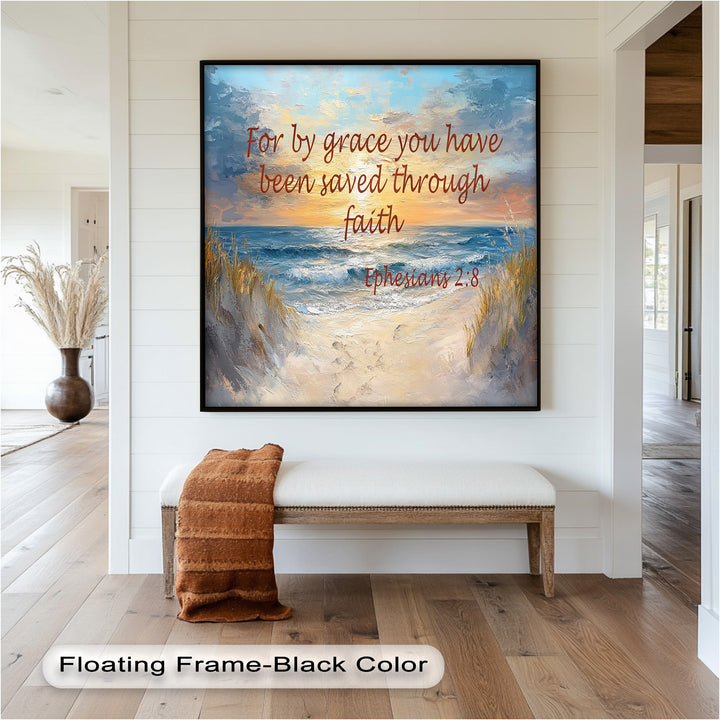 Serene beach sunset painting with Ephesians 2:8 about grace and faith.
